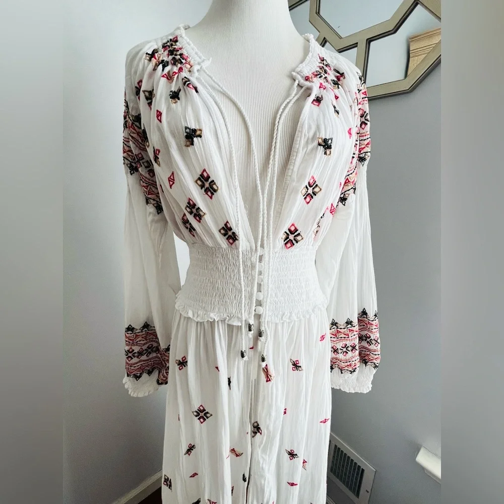 Free People White and Pink Embroidered Tunic